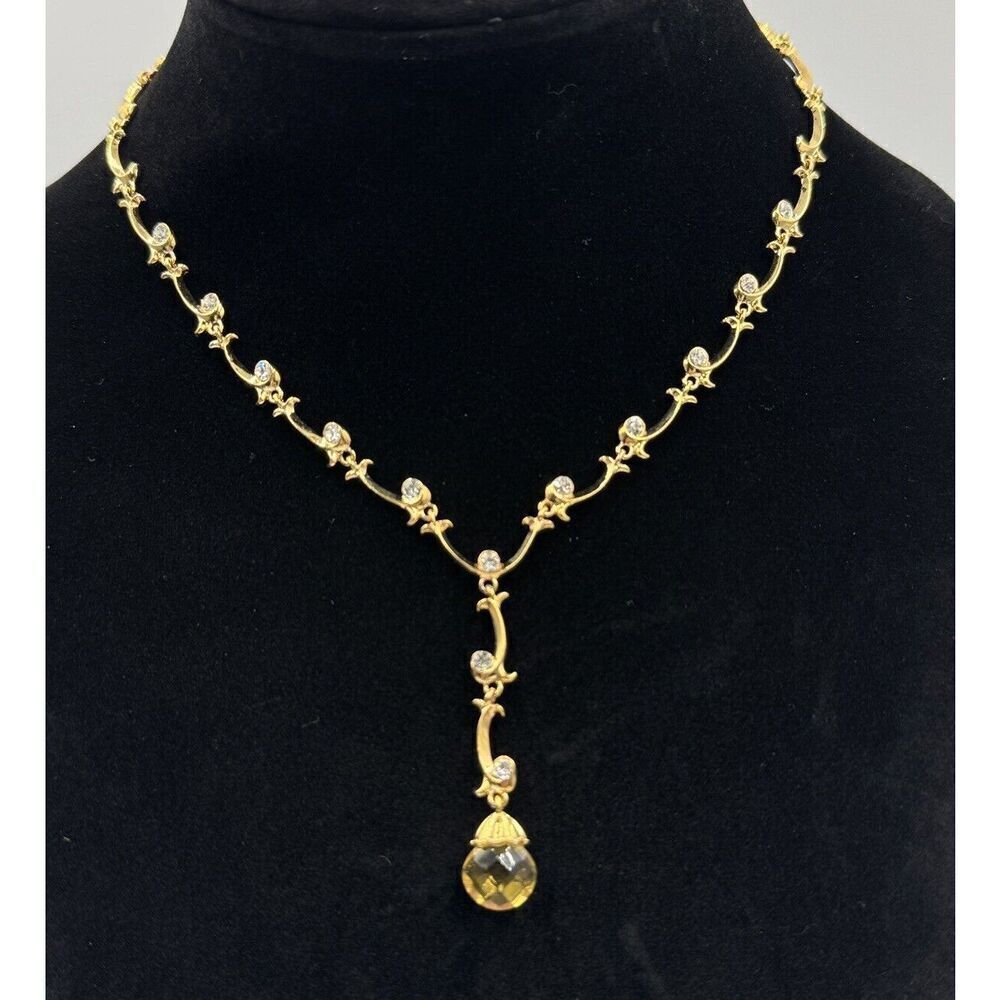 Avon NOS Gold Tone Briolette Vine Y Drop Clear Rhinestone Citrine Color Necklace
